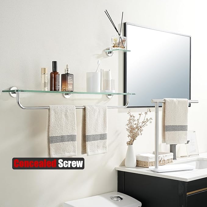 JQK Bathroom Glass Shelf Polished Chome, Shelf with 29 Inch Towel Bar Tempered Glass Shower Storage 30 by 5 inches, 304 Stainless Steel Silver Finish Wall Mount, TGS100L30-CH