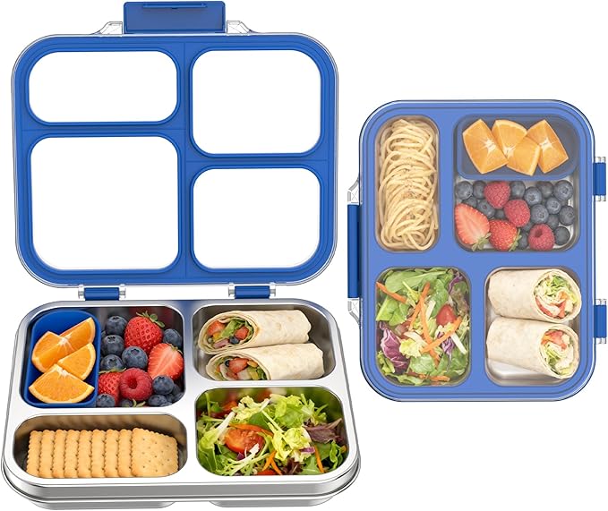 Stainless Steel Bento Box for Kids with Silicone Container, 4 Compartment Metal Lunch Box Kids Adults, Removable Silicone Seal & Clear Lid, Leak Proof Food Storage Container for Meal(Blue)