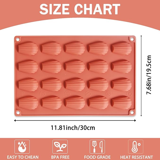 Silicone Madeleine Pan, Set of 2, Nonstick Madeleine Baking Pan, 20 Cavity Shell Shaped Molds for Cake, Cookie, Chocolate, Dessert, Mousse, Brownie, Bread