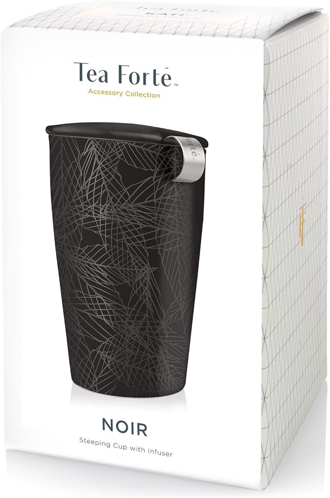 Tea Forte Double-Walled Ceramic Kati Cup, Removable Stainless Steel Infuser Basket and Lid, Steeps 12 oz Loose Leaf Tea, Dishwasher & Microwave Safe, Gifts for Mom, Noir