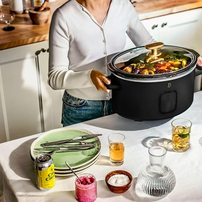 Beautiful 6 Qt Programmable Slow Cooker by Drew Barrymore -5 Preset Cooking Functions, Digital Countdown Timer, Dishwasher-Safe Parts and Cool-Touch Handles (Black Sesame)