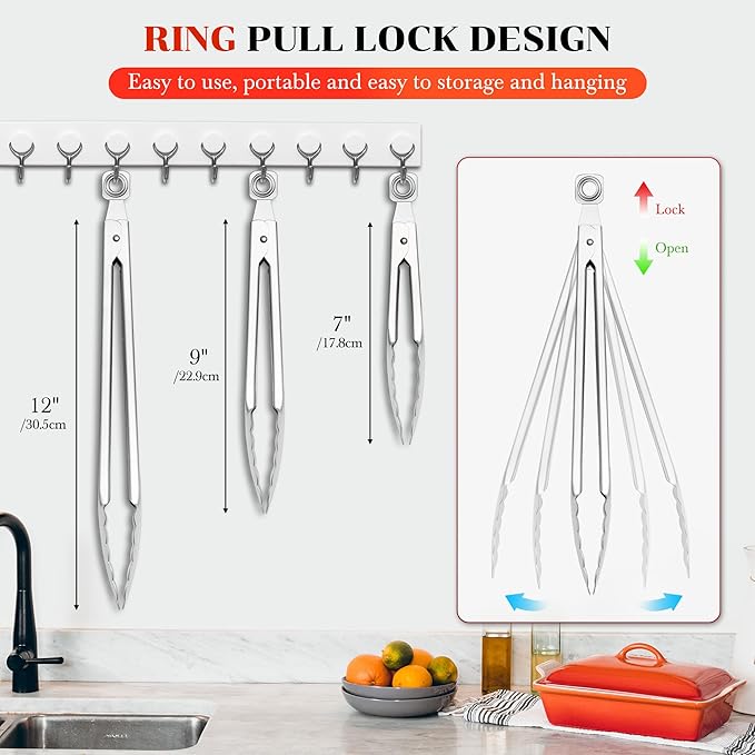 Kitchen Tongs for Cooking - 7 Inch & 9 Inch & 12 Inch Heat Resistant Stainless Steel Metal Locking Tong, BBQ Tongs Grill Tong for Cooking, Grilling, BBQ/Barbecue, Food (7+9+12 inch)