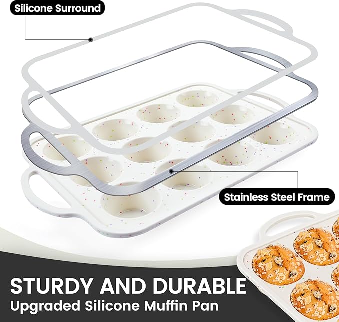 Vinino 1Pack Silicone Muffin Pan for Baking with Metal Reinforced Frame, 12 Cup Regular Size Cupcake Pan, BPA Free Silicone Muffin Tray, Cupcake Baking Pan Molds for Oven Dishwasher Safe - Cream