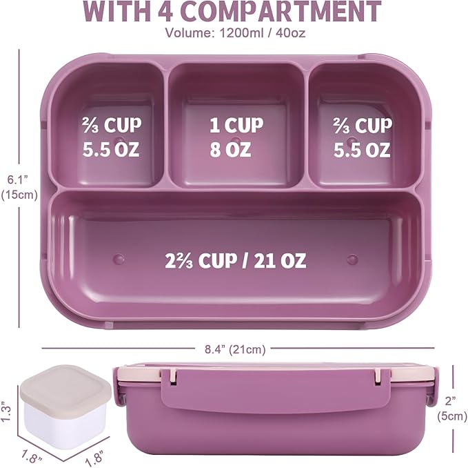 shell and turtle Bento Box Adult Lunch Box, Lunch Containers for Kids Girls Boys with 4 Compartments, Lunchable Food Container with Utensils, Sauce Jar, Muffin Liners, 40 Oz/5 Cup, Dark Purple