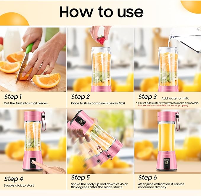 Cordless Portable Personal Size Blender - Mini Blender Make Smoothies and Shakes, 380Ml BPA Free Travel Cup, Powerful Blending Suit in Office/Home/Gym