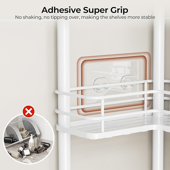 Orimade Rustproof 2 Tier Floor Standing Corner Shower Caddy Organizer with Toothbrush Holder, Large Spacing Floor Shower Shelf Rack Storage Stands with Hooks for Bathroom Kitchen, White