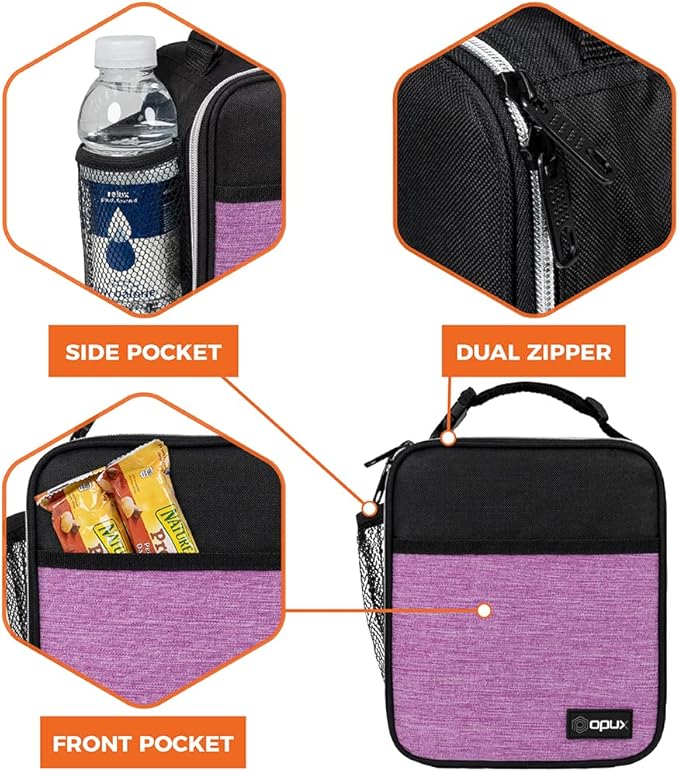 opux Premium Insulated Lunch Box, Soft School Lunch Bag for Girls Kids, Leakproof Small Lunch Pail Women Work, Reusable Compact Cooler Tote Lunchbox for Office Adult, Heather Purple