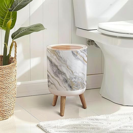 Trash Can with Lid White Gold Marble Texture Design Press Top Round Small Garbage Bin with Wooden Legs Waste Basket for Kitchen Bedroom Nursery 7L/1.8 Gallon
