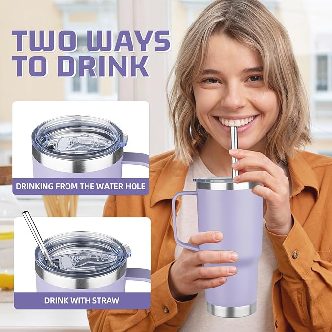 20 oz Tumbler with Handle Stainless Steel Insulated Coffee Mug Tumbler with Lid and Straw Double Wall Vacuum Insulated Coffee Mug Leak Proof Travel Tumbler for Hot and Cold Drink (Pale Purple,4pack)