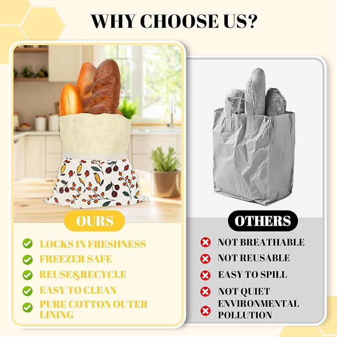 2 Pack Beeswax Bread Bags - 17x13 Inch Reusable Bread Storage Bags,Bees Wax Lined Bread Bags for Home Cooks fresh bread storage Easy Clean (Berry orange)