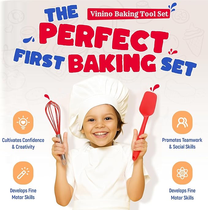 Vinino 11-Piece Kids Baking&Cooking Set – Real Baking Utensils with Cookbooks for Children, Toddler Safe Montessori Kitchen Accessories-Gift for Young Chefs Girls Boys Ages 6+