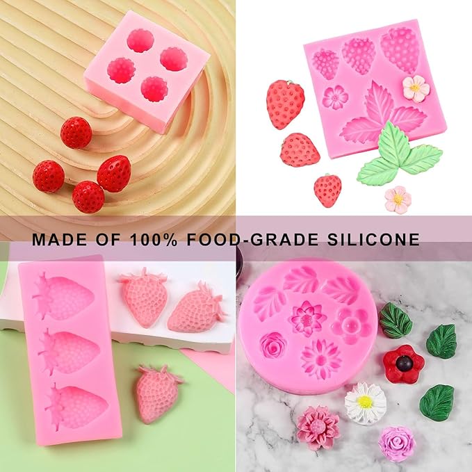 7 Pack Strawberry Baking Mold 3D Strawberry Embed Silicone Fruit Shape Pastry Mold Silicone Handmade Candy Bow Molds for Chocolate Fondant Ice Cream Cupcake Cake Decor - QS7