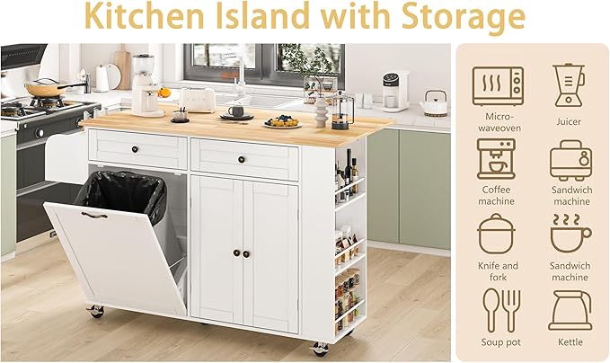 60'' Rolling Kitchen Island with Drop Leaf, Storage Islands Cart with Tilt Out Trash Can Cabinet, Rubber Wood Tabletop, Knife Holder, Wheels, White