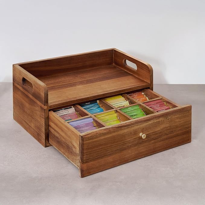 SARUFO Acacia Wood Tea Bag Organizer with Drawer - Tea Station Chest and Storage Box, Coffee and Teabag Holder with 8 Compartments, Containers and Boxes for Countertop Display