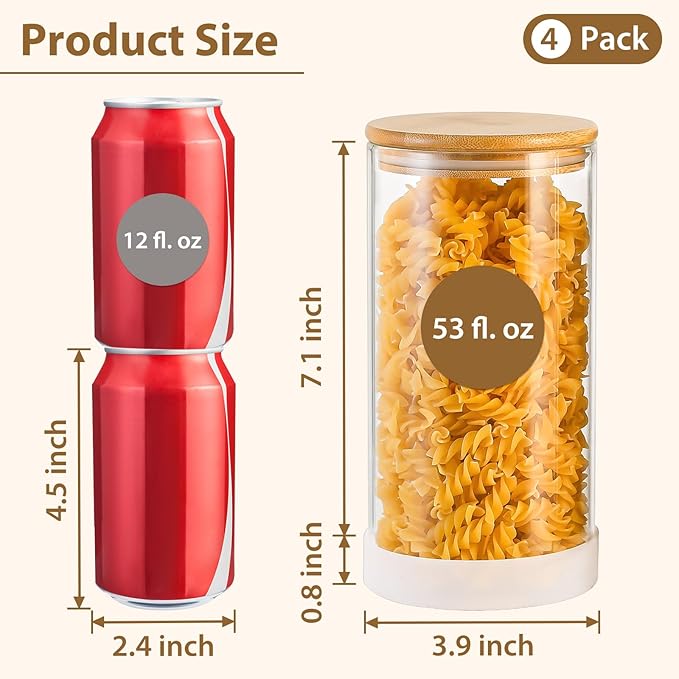 TBWIND 53oz Round Glass Storage Containers with Bamboo Lids – 4 Pack Large Airtight Glass Jars for Pantry Organization, Kitchen Dry Food, Flour, Cereal, Coffee Beans & Staples