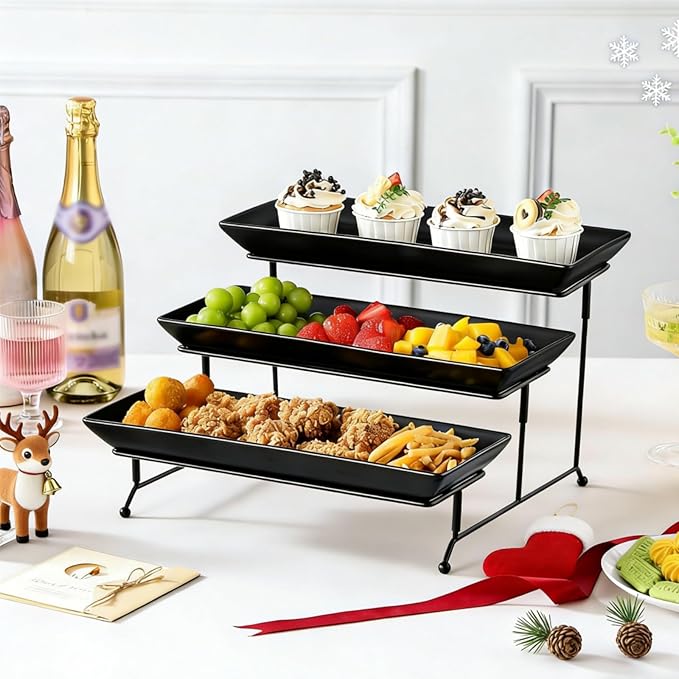 MALACASA 3 Tier Serving Trays for Party, Stoneware Serving Platters and Trays, 14 Inch Tiered Tray Stand, Fruit Tray, Trays for Serving Food, Black Dessert Stand with Collapsible Sturdier Metal Rack