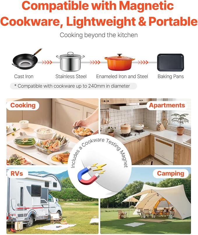 VEVOR Portable Induction Cooktop, 1500W Electric Induction Burner with 9 Temperature Settings, Countertop Induction Hot Plate with 4H Timer, 24H Reservation, Child Lock, Easy to Clean, for Cooking