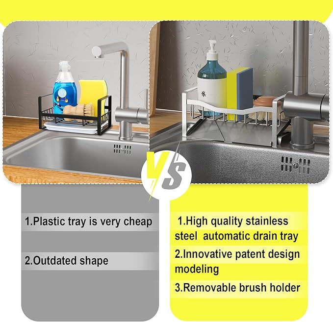 Maifan Kitchen Sink Caddy Organizer Sponge Holder for Kitchen Sink with Stainless Steel Auto Drain Tray, Self Drain Dish Soap Sponge Caddy Rack for Countertop Storage Gadgets Silver Grey