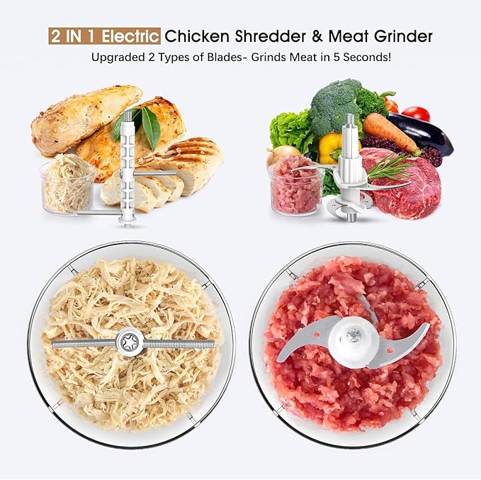 3-in-1 Upgraded Food Processor with Electric Chicken Shredder | 1.5L Bowls Vegetable Food Chopper, Dicer, Grinder with 250W Copper Motor One-Touch Shredder for Chicken,Nuts, Baby Food & Dough