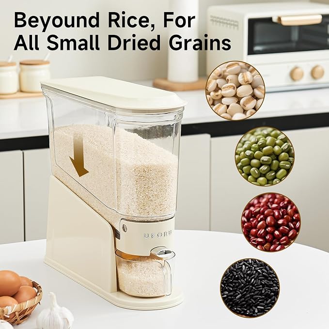Rice Dispenser 11Lbs, Slim Rice Storage Container for Small Space, BPA-Free Clear Dry Food Dispenser Sealed Moisture Proof, Grain&Cereal Storage Bucket for Kitchen Pantry Household, Cream White