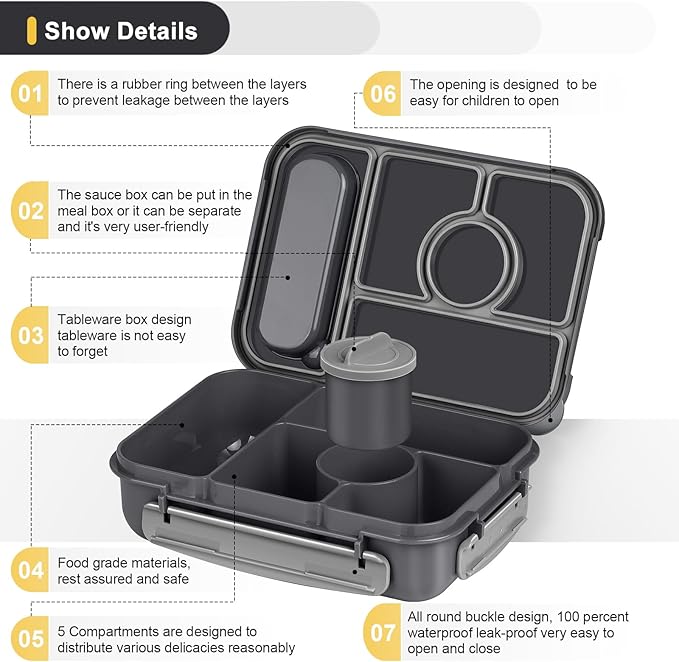 Amathley Bento Box Adult Lunch Box Kids,Lunch Containers for Adults/Kids/Toddler,5 Compartments Bento Lunch Box with Sauce Vontainers,Microwave & Dishwasher & Freezer Safe,BPA-Free (Dark Gray)