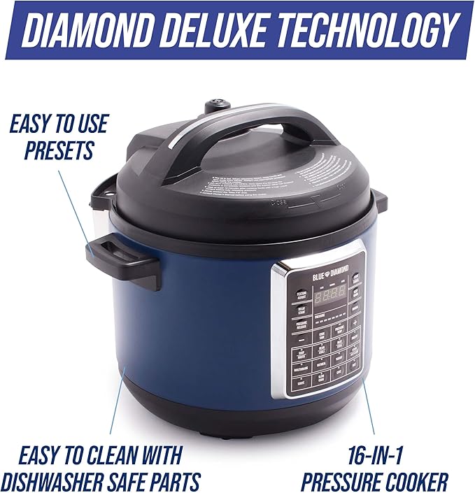 Blue Diamond Ceramic Nonstick, 16-in-1 6QT Electric Pressure Cooker, Slow Cooker, Rice Cooker, Yogurt Maker, Saute, Steamer and More, Programable, Dishwasher Safe Pot, PFAS-Free, Blue