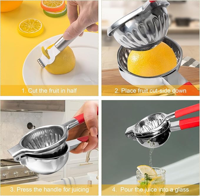 Lemon Squeezer Stainless Steel, NomadSphere Heavy Duty Large Squeezer Bowl, Manual Citrus Press Juicer and Lime Squeezer, Filter Mesh Design, 2 in 1 Store Juice, with Zester Tool & Cleaning Brush