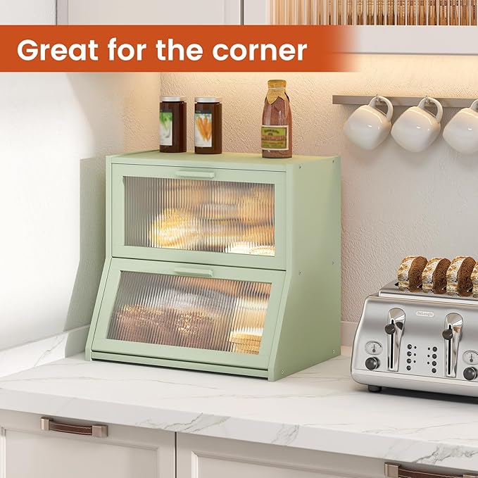 GHWIE Double Layer Bamboo Bread Box for Kitchen Counter,Large Capacity Bread Storage Bin,Bread Container with Acrylic Wavy Door Panel (Light Green, Extra Large)
