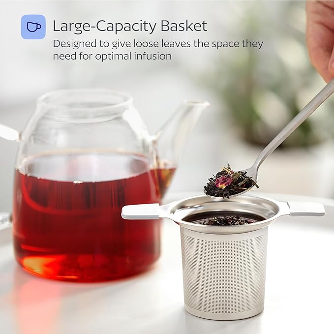 Stainless Steel Tea Infuser for Loose Leaf Tea – Extra Fine Mesh Strainer with Heat Proof Double Handles & Lid, Reusable Filter Fits Mugs, Cups & Teapots, White
