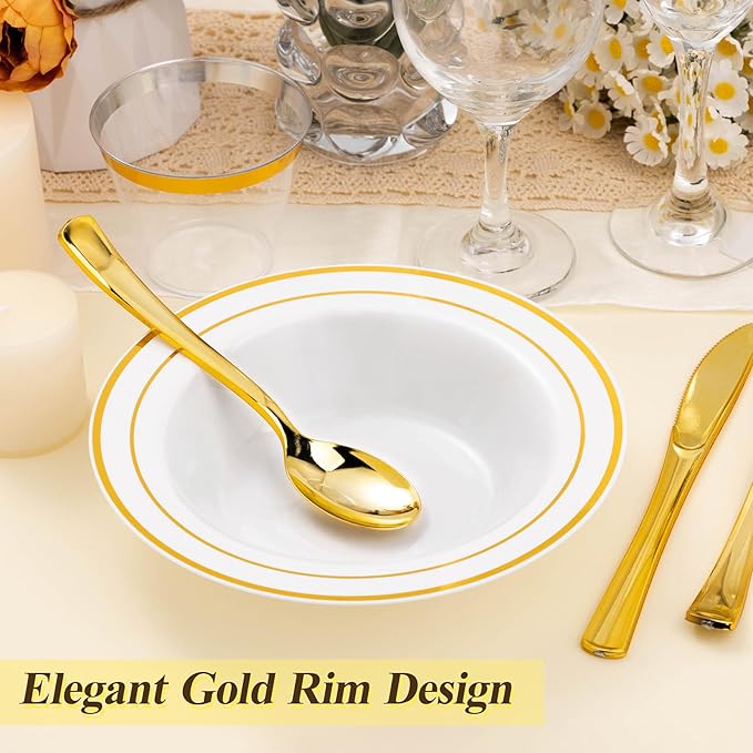 200 Pack Disposable Soup Bowls with Gold Rim, 12oz Premium Heavy Duty Plastic Dinner Bowls for Party, Wedding and Holiday