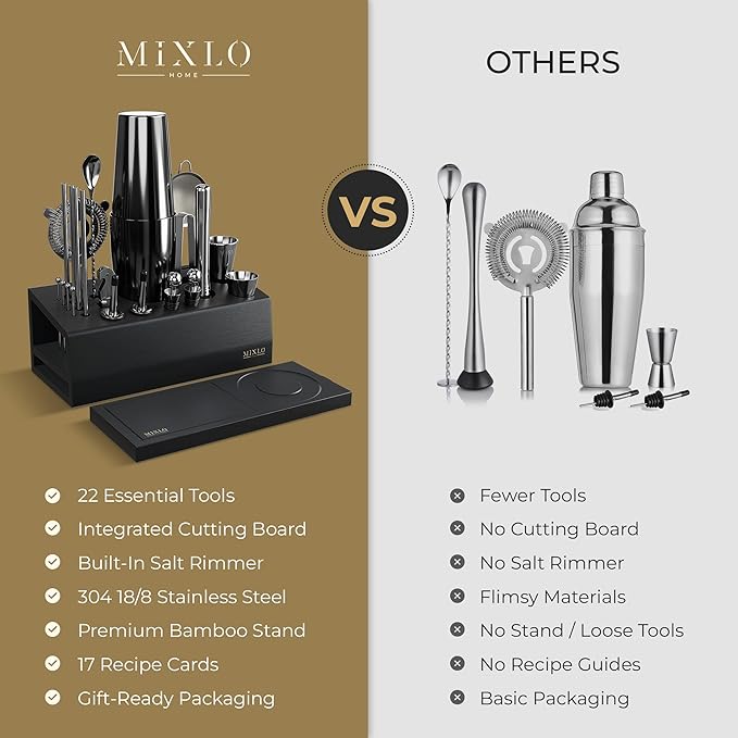 Mixology Bartender Kit - 22Pcs Bar Set Cocktail Shaker Set w Black Bar Cart Accessories Stand - Shakers Bartending Gun Metal Black Tools, 24oz Shaker, 17 Recipe Cards, Martini Barware