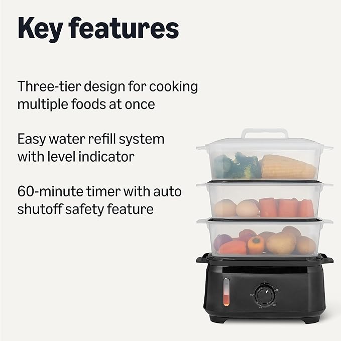 Amazon Basics Electric Food Steamer for Cooking Vegetables, 3-Tier Design, 60-Minute Timer with Auto Shutoff, Easy Water Refill System, BPA-Free, 9.5 QT, Black