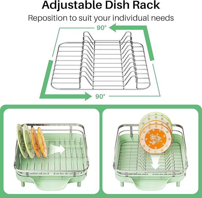 SAYZH Dish Drying Rack - Expandable Dish Rack for Kitchen Counter, Rust-Resistant Dish Drainer with Utensil Holder and Raised Guardrail, Kitchen Organizer for Cup and Bottle (Green)