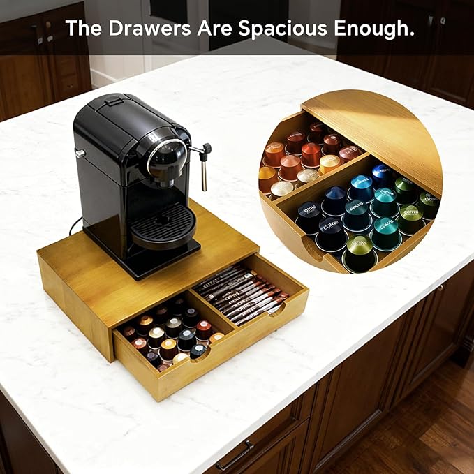 Coffee Pod 15" X 11" X 3" Natural Wood Countertop Organizer Drawer, Counter Top Espresso Tea Bag Station Storage Holder Box, Brown