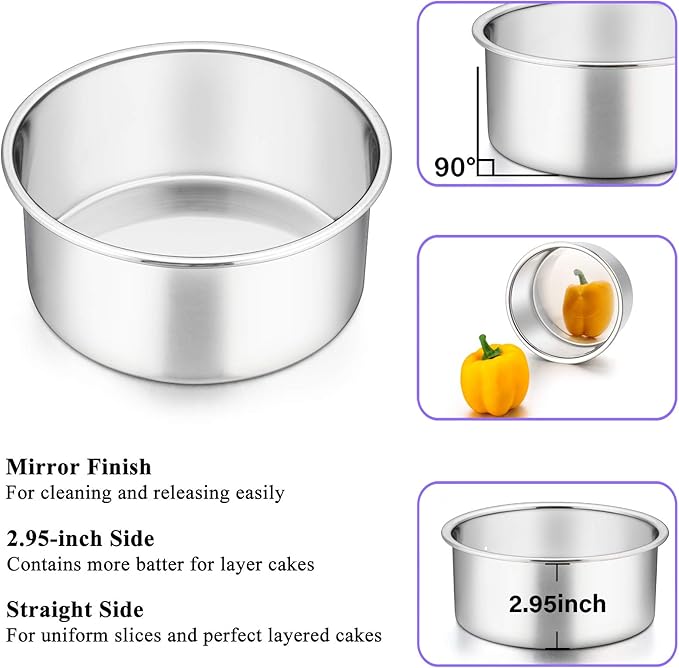 P&P CHEF 6 Inch Cake Pans Set, Round Baking Pan Stainless Steel Layer Birthday Wedding Cake Oven Pans, Non Toxic & Heavy Duty, Deep Side & Mirror Finish, Dishwasher Safe, (3Pcs)