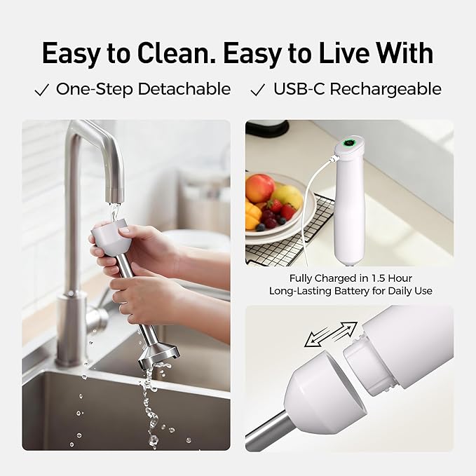 Cordless Immersion Hand Blender (Stick Blender) – Smooth, Controlled Blending for Everyday Cooking, 12V Brushless Motor, Pressure-Sensitive Variable Speed, USB-C Rechargeable, Easy-Clean (White)
