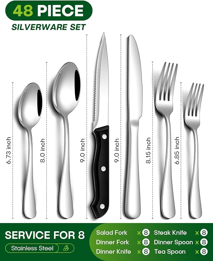 PHILIPALA Silverware Set, 48-Piece Flatware Set with Steak Knives for 8, Stainless Steel Mirror Cutlery Include Forks Spoons and Knives Set, Dishwasher Safe Utensils Set for Home Restaurant