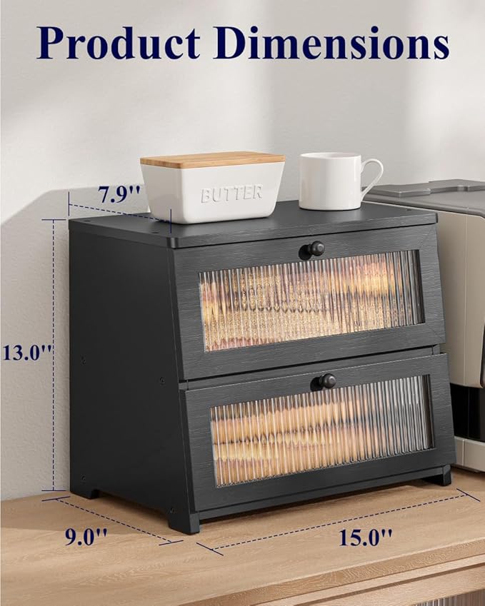Kitsure Bread Box - Wooden Bread Box for Kitchen Countertop, Large Capacity Kitchen Countertop Organizer, Stylish Bread Storage with Window, Multi-functional Container, Black, 15.0"x13.0"x9.1" (2T)