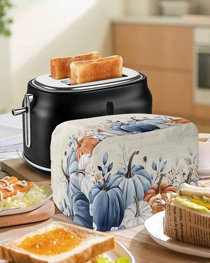 Blue Gray Pumpkin Fall Toaster Cover 2 Slice, Thanksgiving Botanical Dustproof Bakeware Oven Protector with Top Hook, Autumn Beige Waterproof Small Kitchen Appliance Toasters Dust Cover, 11"x6"x8"