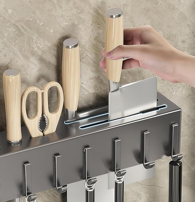 20" Gunmetal Gray Utensil Rack - Space Saving Carbon Steel Wall Organizer with 2 Mounting Types