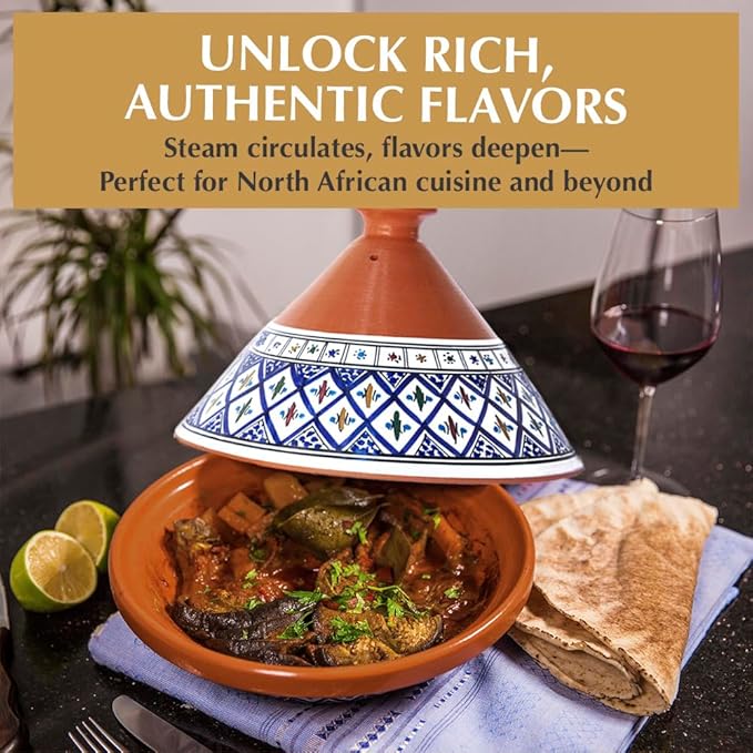 Kamsah Tagine Pot for Cooking and Flavor Enrichment - Large Clay Pot 12”, 5.5 QT - Non-Stick Handmade Cookware - Moroccan Ceramic Pots for Cooking with Lid & Serving Bowl - Bohemian Supreme Blue