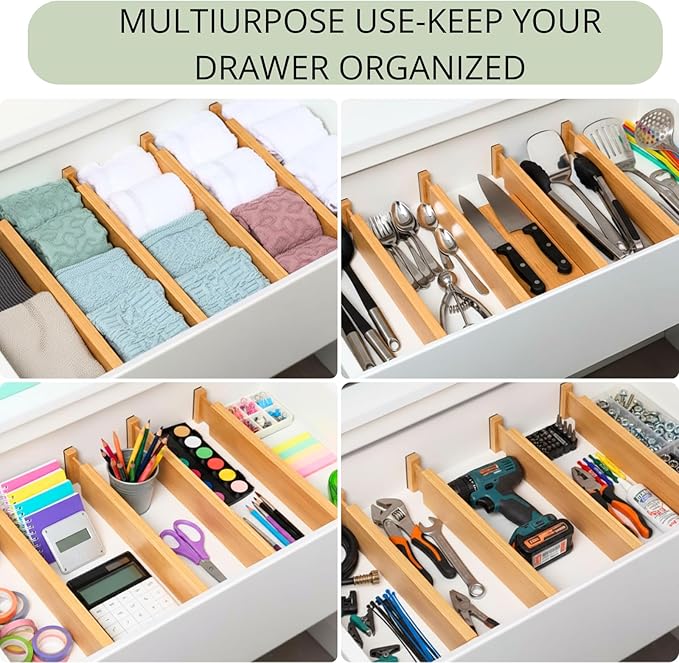 6-Pack Bamboo Drawer Dividers Organizer – Expandable 17''-22'' Kitchen & Clothing Storage for Deeper drawers of Dresser, Bedroom, Kitchen, Office