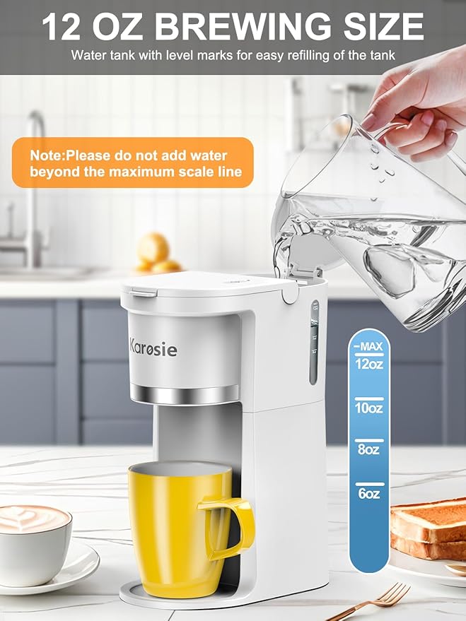 Small Single Serve Coffee Maker, Fast Brew for K-Cup & Ground Coffee, 6-12 Oz Brew Sizes, One-Button Single Cup Coffee Maker, Coffee Machine with Descaling Reminder,White,9.45 Inches