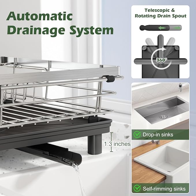 In Sink Dish Drying Rack, Expandable Over The Sink Dish Rack for Small Kitchen, Space Saving Stainless Steel Dish Drainer with Utensil Holder, 14.1"-21.2" L x 11"W, Small Plate Dryer Strainer, Silver