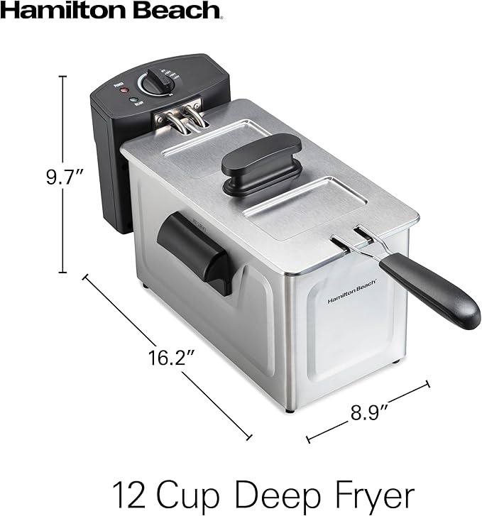 Hamilton Beach 35032 Professional Style Electric Deep Fryer, Frying Basket with Hooks, 1500 Watts, 3 Liters, Stainless Steel