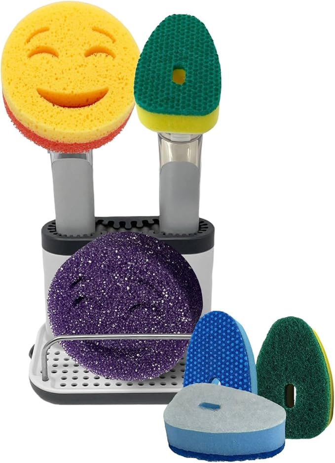 The Original Smiling Handle with Soap Dispensing for Scrub Daddy (Reg. TM) Sponge and Scrub Moji Sponges with Smilyeez Caddy, Dishwand, & 2 Scrub Mojis (White & Grey)