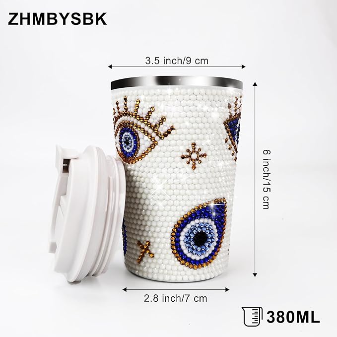 380ml Stainless Steel Sparkle Rhinestone Decorate Evil Eyes Tumbler,White Diamond Decorate Evil Eyes Students'/Auto Mug(White)