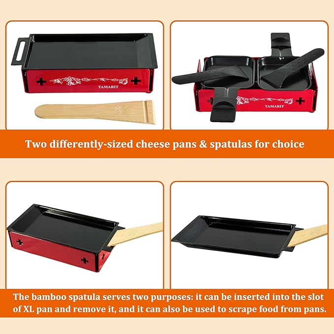 TAMARIT 2-Person Raclette Grill - Portable Candlelight Raclette Cheese Melter with Enamel Baking Tray & Non-Stick Pans - Compact Raclette Machine for Romantic Dinner, Picnic, BBQ, Camping, Red