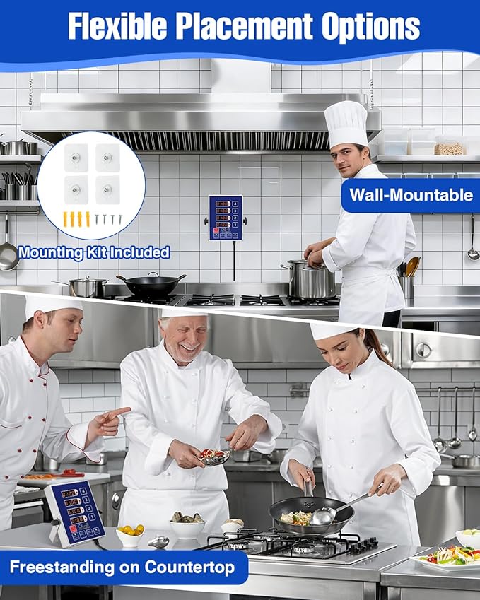 Commercial Kitchen Timers for Cooking, 4-Channel Timer for Commercial Kitchens, Heavy-Duty Loud Alarm Timer for Restaurants, Stainless Steel, LED Technology
