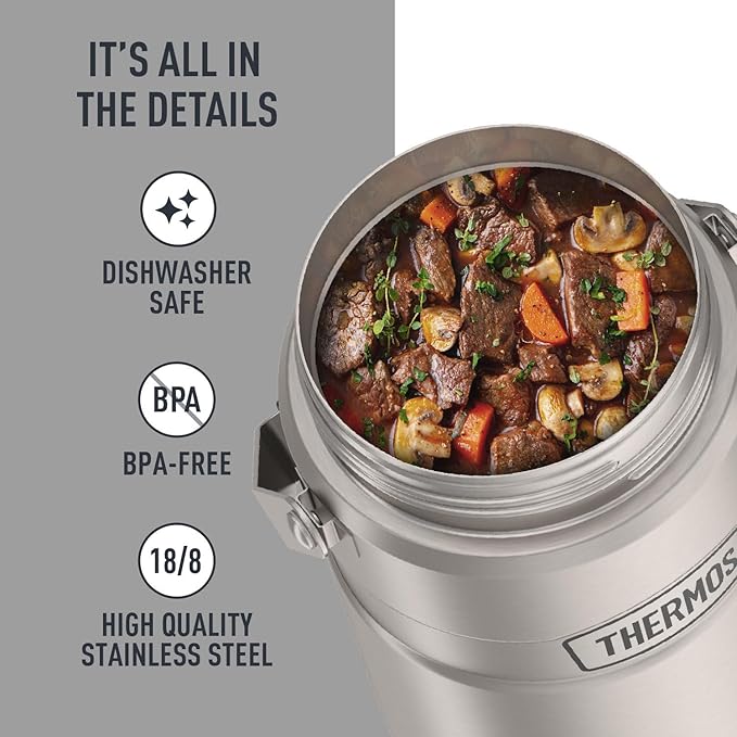 THERMOS Stainless King Vacuum-Insulated Food Jar with 2 Storage Container Inserts, 47 Ounce, Matte Stainless Steel